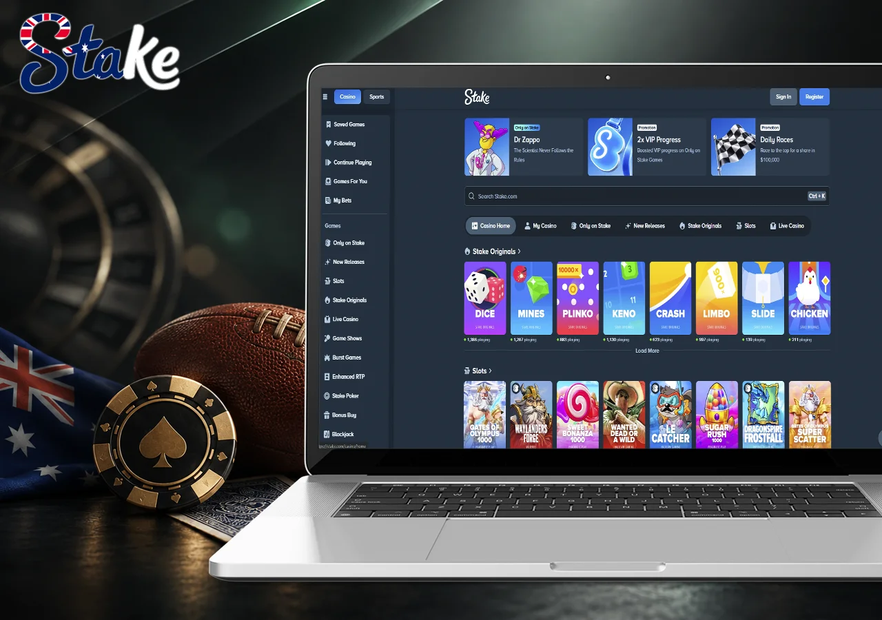 Expansive casino lobby on laptop screens featuring slots and proprietary games